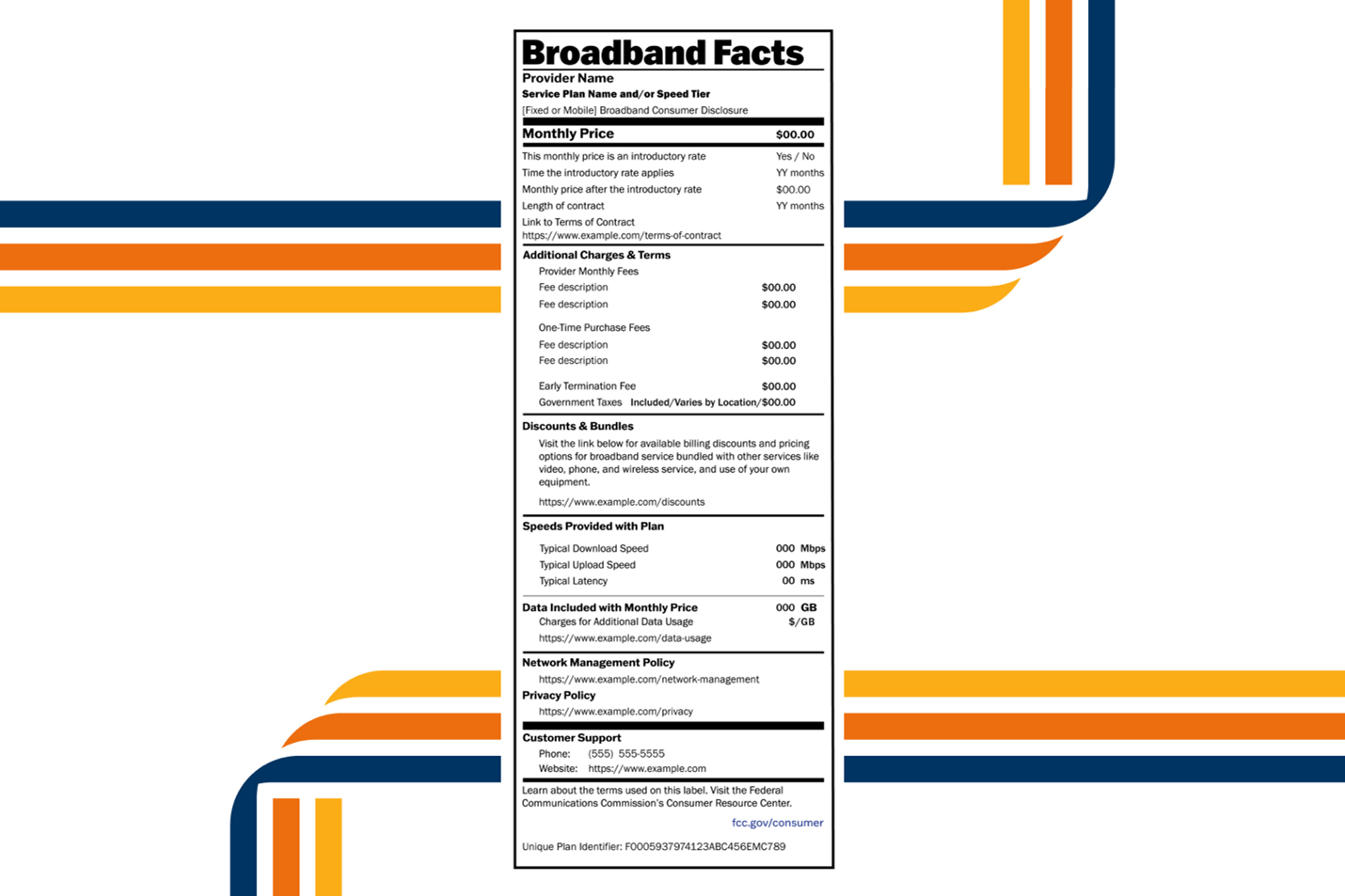 Broadband nutrition label detailing monthly pricing, additional charges, and more, used to help consumers understand their Internet service plan.